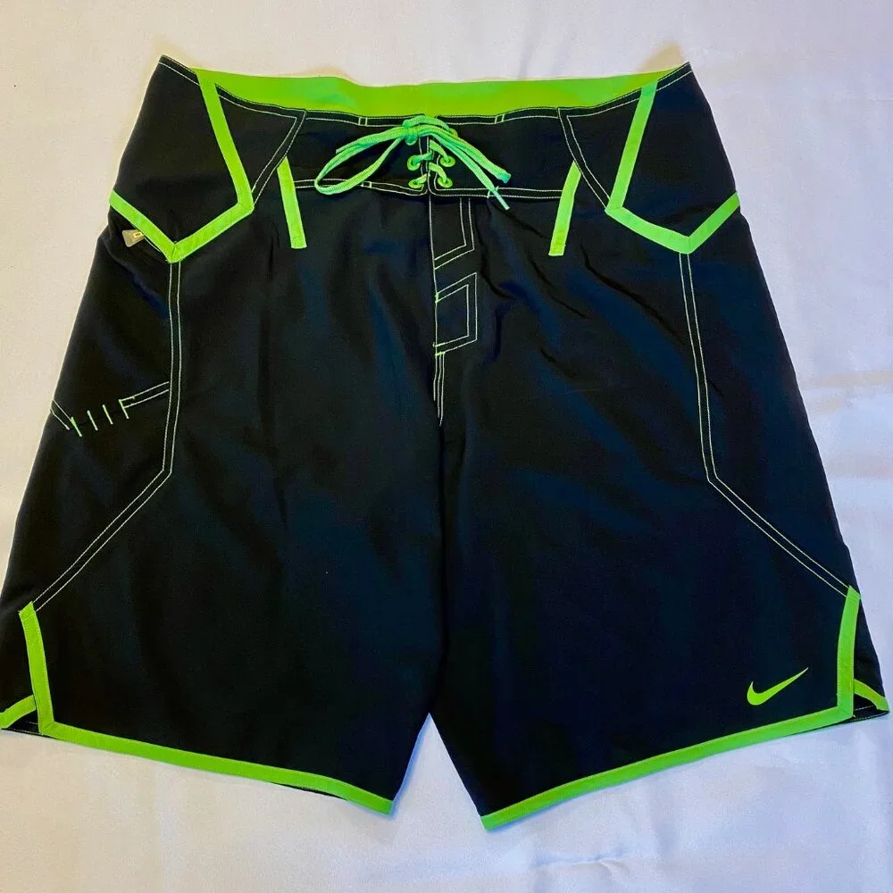 Nike Board Shorts Black and Green Lace Front Side Zip Pocket Men's 36